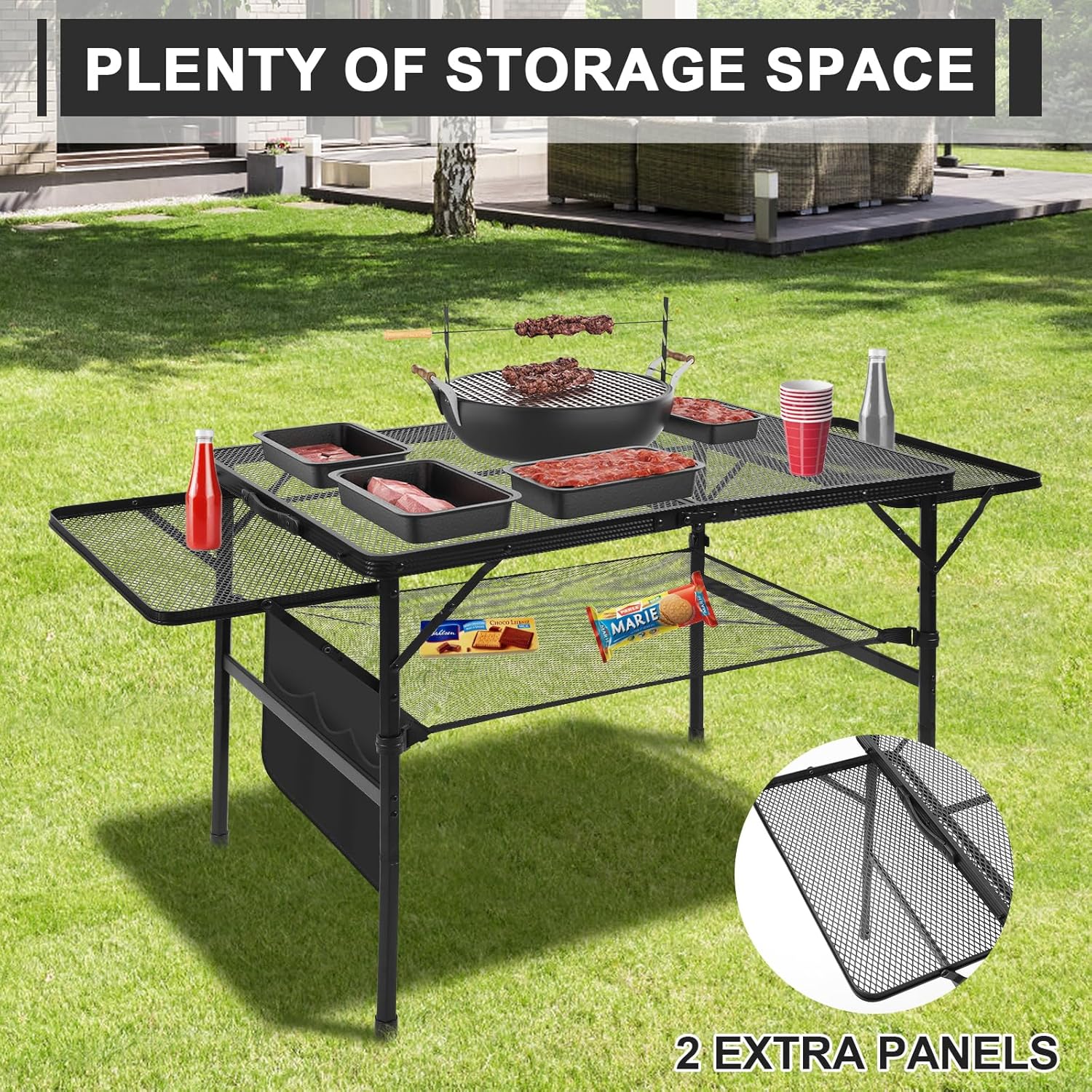 Folding Grill 4.4 FT Portable Camping Table with 2 Wing Panels, Height Adjustable Metal Outdoor Table with Mesh Desktop and Mesh Bag, Picnic, Beach and BBQ, Party, Black