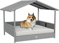 PawHut Wicker Dog House Outdoor with Canopy, Rattan Dog Bed with Water-Resistant Cushion, Raised Dog Bed for Small, Medium Dogs up to 66 lbs, 19.75" in Length, Silver Wicker, White Cushion