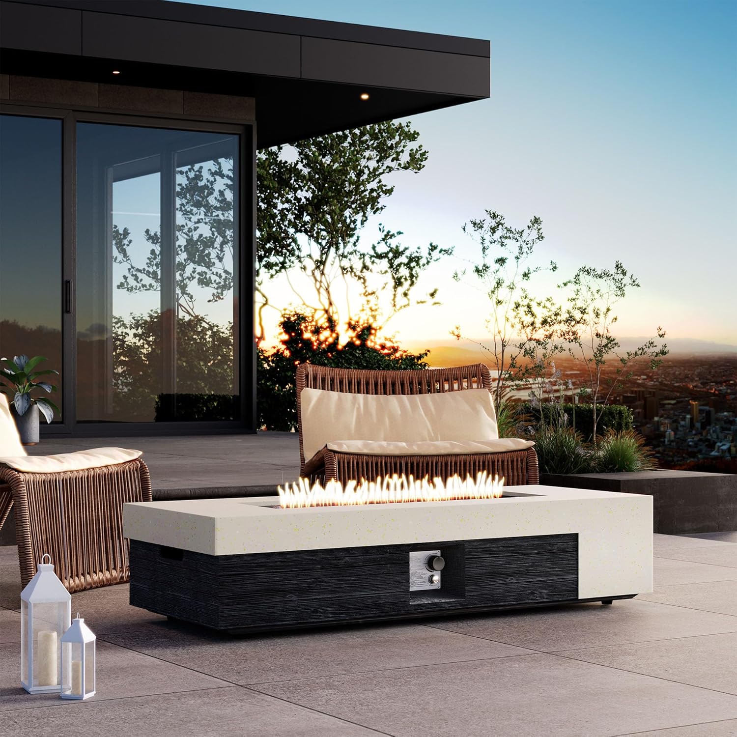 COSIEST 56" Outdoor Propane Fire Pit Table Rectangle Gas Fire Pit Table with Concrete & Wood Grain Design, 50000BTU CSA Certified Electronic Ignition Fire Tables for Patio, Backyard, Garden Heating
