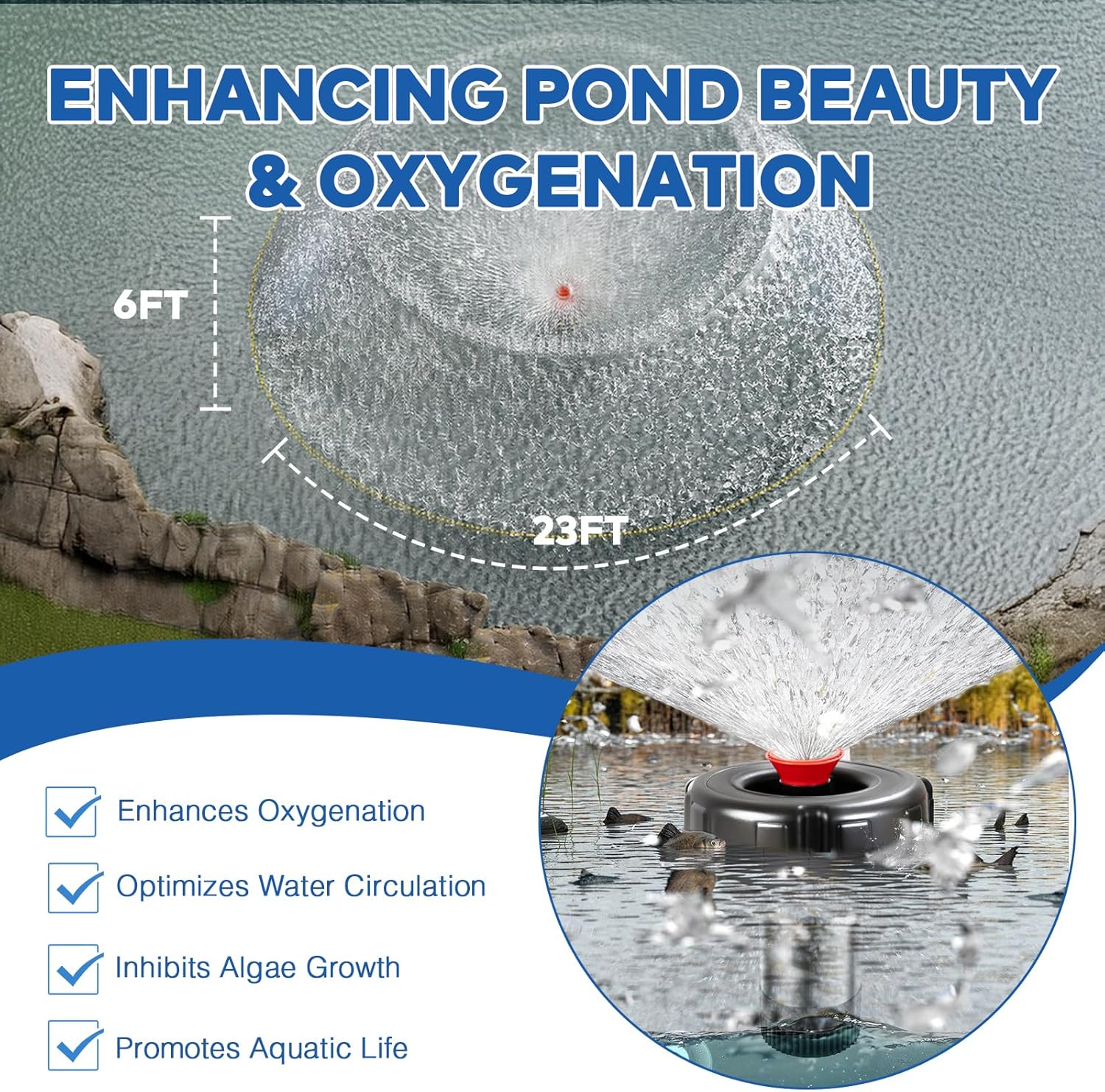 Pond Fountain Aerator, 1HP 10000 GPH Floating Fountain Pump with Timer & 100FT Cord, Stainless Steel Pond Jet System for Large Outdoor Ponds & Lakes