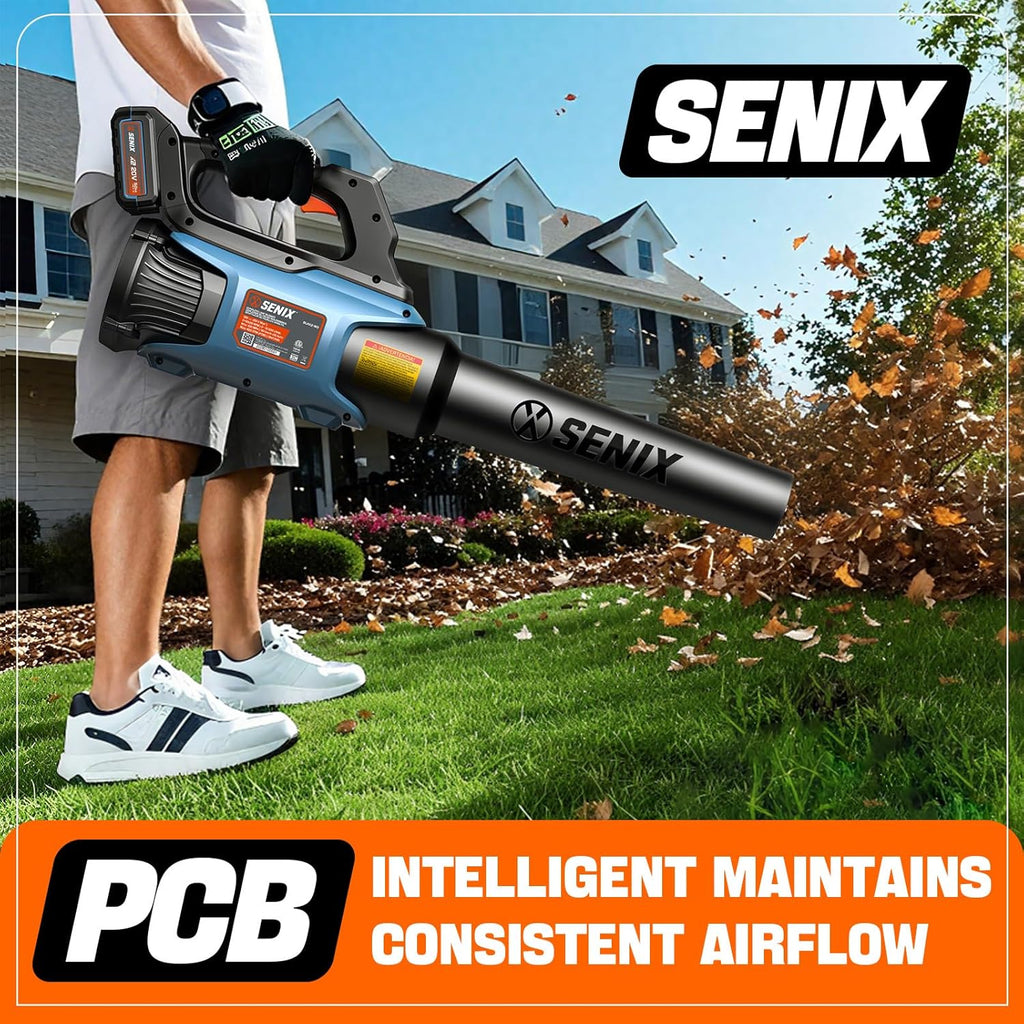 SENIX 20V Max Leaf Blower, Cordless, Brushless, Handheld, Up to 450 CFM and 100 MPH, 2 Speed Mode, Cruise Control, Lightweight, 5.0 Ah Battery and Charger Included (BLAX2-M3)