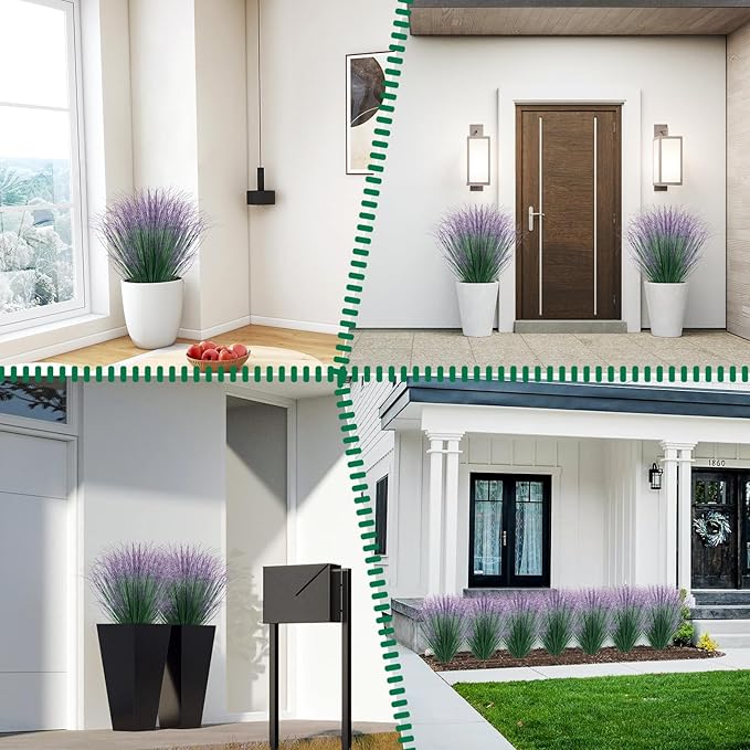 24Pcs Artificial Grass Plants, Faux Shrubs Wheat Grass, Artificial Tall Grass Fake Plants for Outdoor Decor,Artificial Greenery Stems Weed for Room Indoor Home Decor（Green Purple Tail）