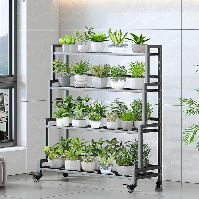YIZAJIA Plant Stand Indoor 4 Tier Metal Outdoor Tiered Stands Shelf With wheel for Multiple Plants Potted Ladder Plant Holder Table Plant Pot Stand for Window Garden Balcony Living Room (4 Tier-Black)