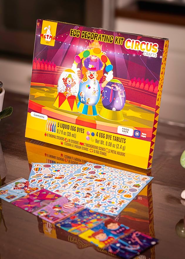 METMA 1999 Egg Decorating Kit Circus Crafts - Complete Decorative Eggs Set with Liquid Dyes, Tablets, Stickers, Egg Spinner and More - Fun Easter Egg Dye Kit Arts and Crafts for Kids (Circus Crafts)