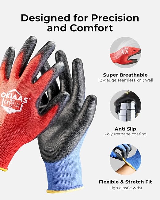 OKIAAS Work Gloves for Men，Ultra Thin and Lightweight Working Gloves with Grip, 12 Pairs Bulk Pack Construction Gloves with Polyurethane Coating, Safety Gloves for Light Duty Work (Green, Large)