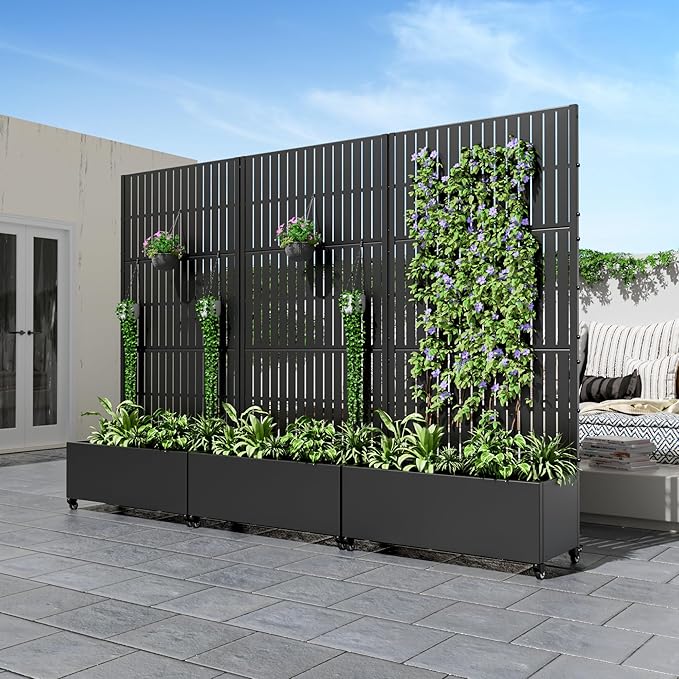 Casaphoria Metal Raised Garden Bed with Trellis and Wheels, 72"x35"x16" Planter Box for Climbing Plants, Vegetables & Vines, Features Drainage Holes and Privacy Screen (Black-Fence)