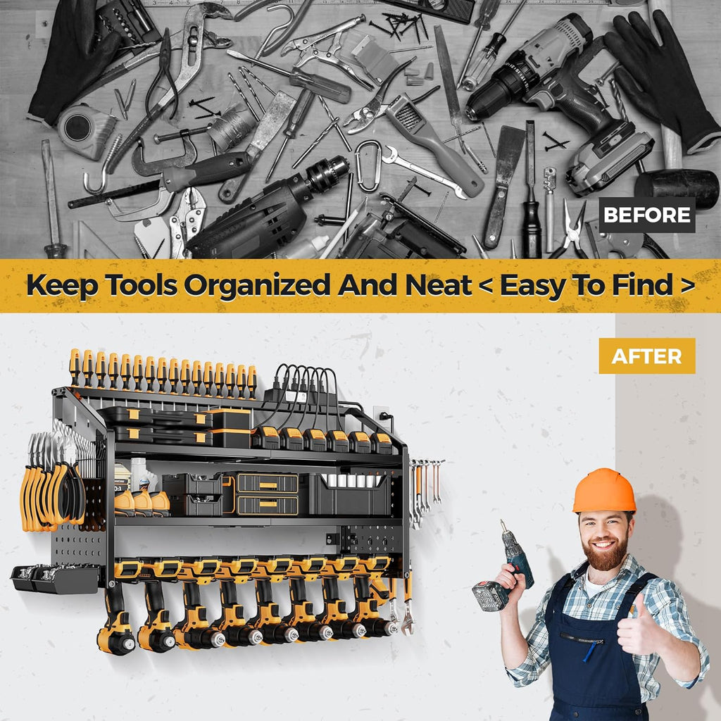 LBT Large Power Tool Organizer Wall Mount with Charging Station, 8 Drill Holder, 4 Layer Heavy Duty Metal Tool Storage Rack, 6 Power Strip, 8 Hooks, 2 Screw Boxes, Cool Gifts for Him Fathers Day