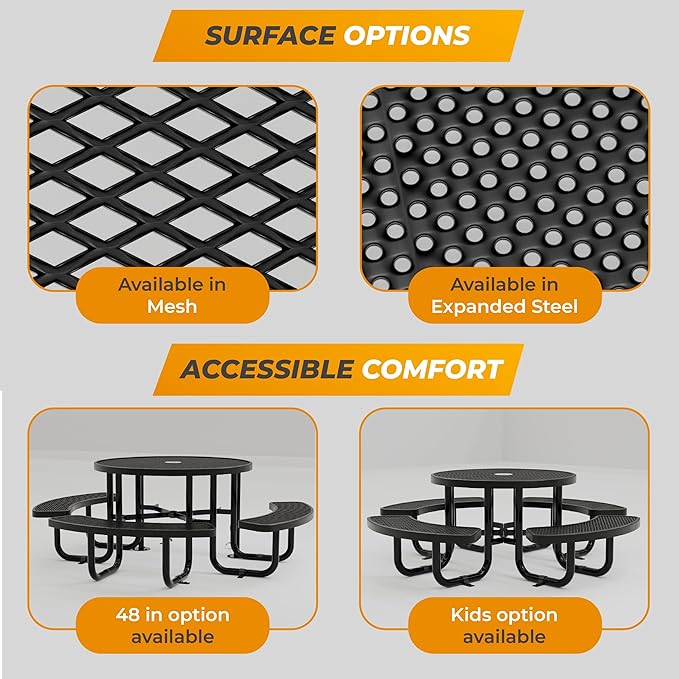 Metal Picnic Tables for Outdoors with Umbrella Hole - Coated Steel Heavy Duty Commercial Grade Table with Adjustable Seats (Red, 38 in, Round, Expanded Steel)