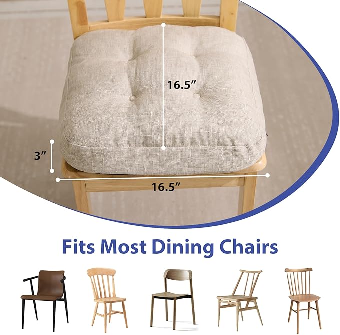 Chair Cushions, Foam Dining Chair Cushions, Tufted Indoor Chair Pads, Set of 6, Beige, 16.5” x 16.5” x 3.5”