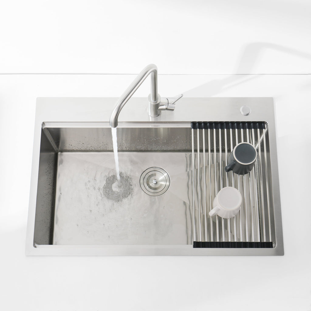 Stainless Steel Kitchen Sink, 33″x22″ Single Bowl, Overmount Handmade Sink in Brushed, with Cutting Board, Colander, SS-BR01D-332208