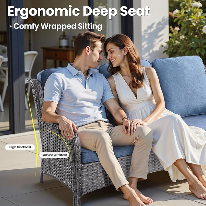ovios 7 Pieces Patio Furniture Set, Outdoor Wicker Sofas with 4 Chairs, Ottomans and Comfy Cushions, All Weather High Back Couch Set for Deck Porch, Grey Rattan, Denim Blue