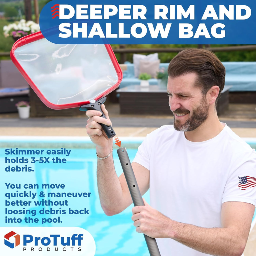 ProTuff Flat Pool Skimmer Net – 2 Year Unconditional Free Replacement – Heavy-Duty Flat Net, Fine Mesh for Leaves, Silt & Pollen – Strong Aluminum Frame, Fits Standard Telescoping Pole