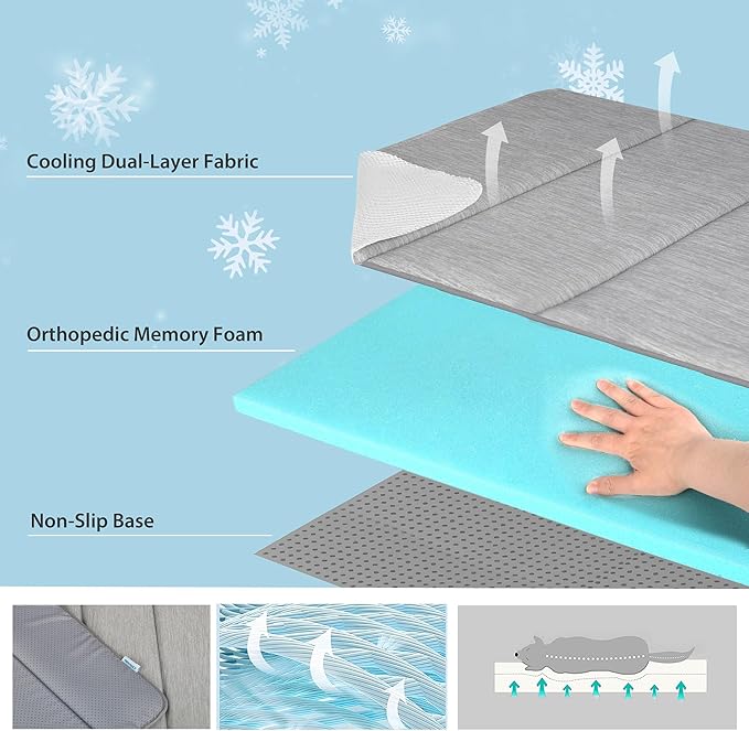 Dog Cooling Mat for Medium Dogs - 30x20 Orthopedic Memory Foam Pet Pad for Summer, QMAX>0.5, Washable Premium Comfort Crate Pad for Your Furry Companion, Grey