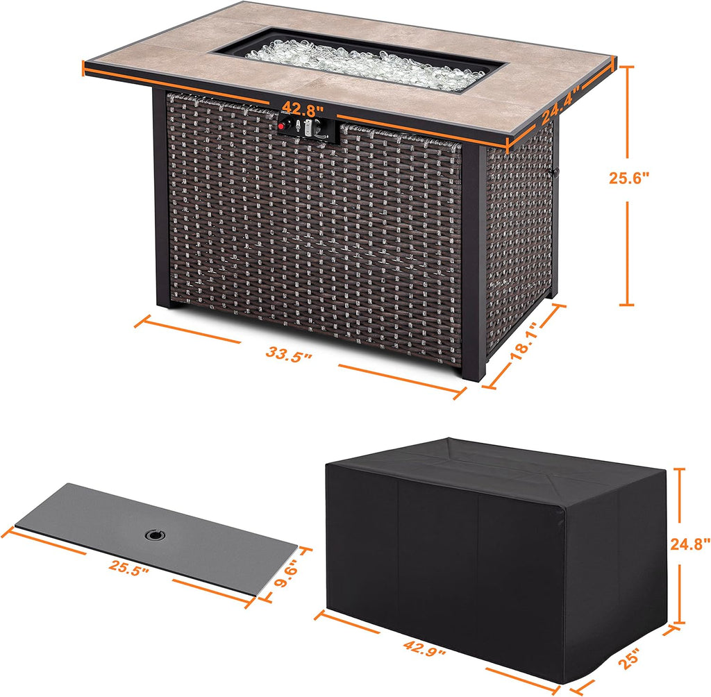 Nuu Garden Propane Fire Pit Table, CSA Certified 43 Inch 50,000 BTU Outdoor Propane Gas Fire Pit Table, Propnae Fire Pit with Ceramic Tabletop, Oxford Cover, 7 lbs Glass Stone, Dark Brown and Coffee