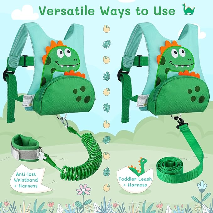 Dr.meter 3 in 1 Toddler Harness Leash + 8.2ft Anti Lost Wrist Link, Cute Dinosaur Kids Safety Harness Tether with Key Lock, Child Protective Leashes While Walking for Outdoor Activity Keep Kids Close