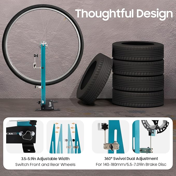 Bicycle Wheel Truing Stand, Bike Repair Truing Bearing Stand with 360° Swivel Dual Adjustment & Thickened Base, Professional Bicycle Wheel Repair Steel Bearing Bracket Rim for Wheels up to 3.5"-5.9"