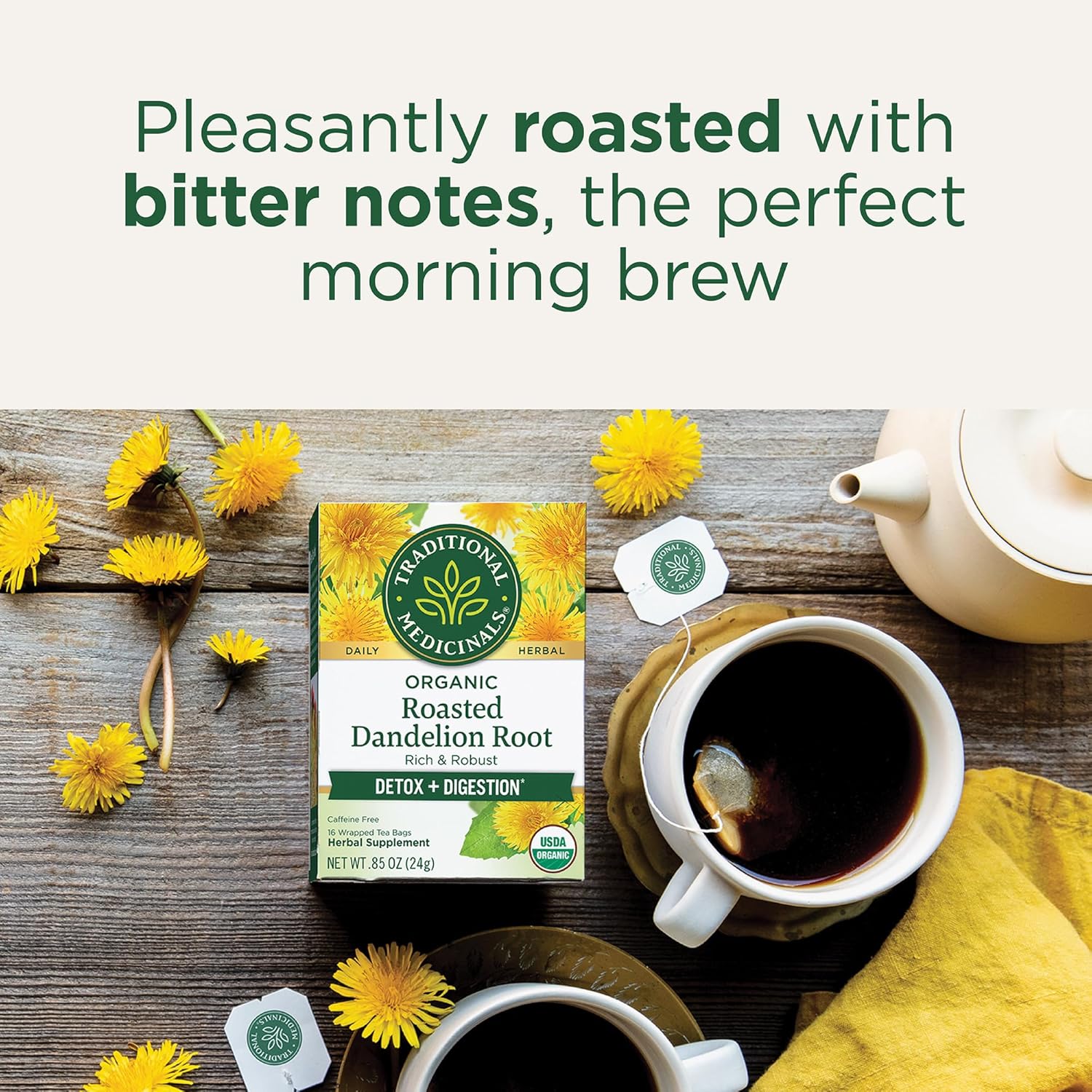 Traditional Medicinals Organic Roasted Dandelion Root Herbal Tea, 16 Tea Bags, Case of 6