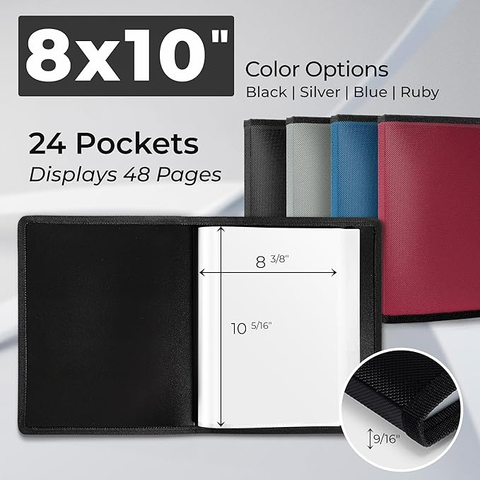 Dunwell Photo Album 8x10 (Black) with Mounting Paper, 8 x 10 Photo & Art Portfolio Presentation Binder, 24 Clear Sleeves Display 48 Pages, Professional Photography Book for Portraits, Artwork