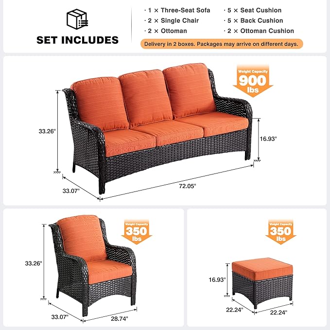 ovios 7 Pieces Patio Furniture Set, Outdoor Wicker Sofas with 4 Chairs, Ottomans and Comfy Cushions, All Weather High Back Couch Set for Deck Porch, Brown Rattan, Orange Red