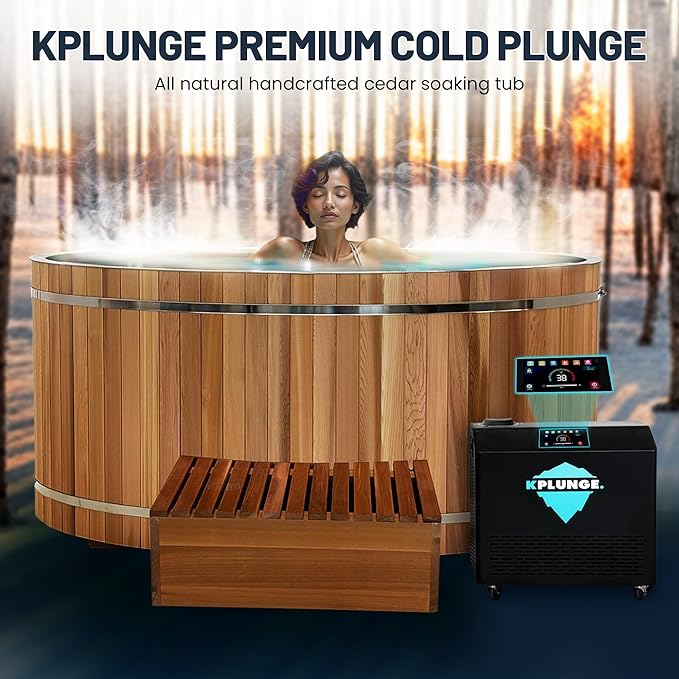 Premium 62-in. Cedar Wood Cold Plunge and Hot Tub with 3/4HP Chiller and Heater | Stainless Steel Tub with Wooden Step, Foldable Cover, Headrest, and WiFi App Control Chiller for Indoor/Outdoor Use