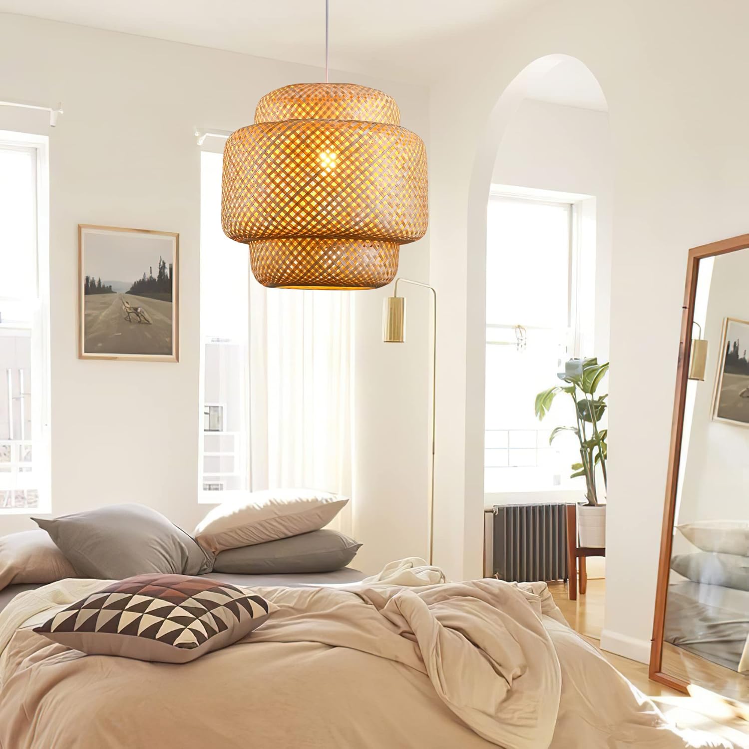 Bamboo Pendant Light - Boho Basket Chandelier Handmade Woven Pendant Light, Natural Wicker Rattan Hanging Chandelier for Kitchen Island Dining Room Living Room Porch