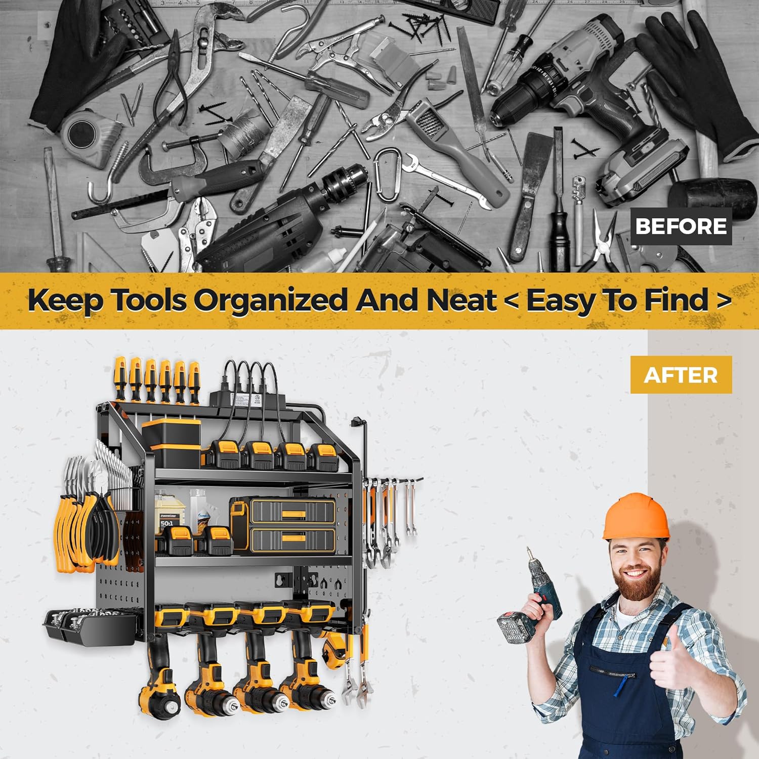 LBT Heavy Duty Metal Power Tool Organizer Wall Mount with 4 Outlet Charging Station & Drill Holder, 4 Layer Garage Storage Rack 120LB, Gift for Men Dad Husband (Workshop, Anniversary, Father's Day)