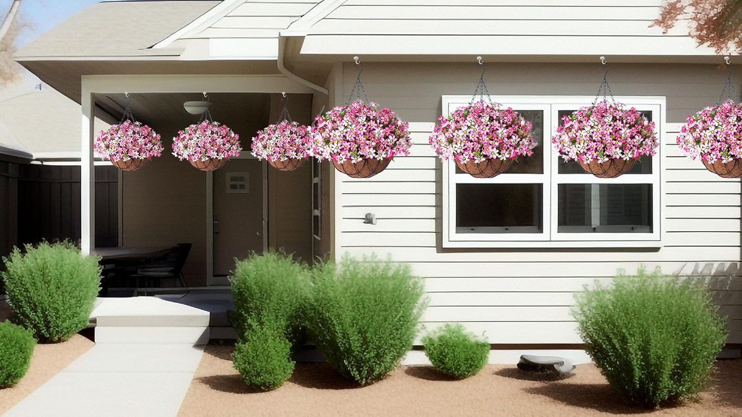 Artificial Silk Flowers Hanging Baskets Outdoors Indoors,Chrysanthemum with Eucalyptus Leaves Arrangement for Garden Yard Spring Summer Decor,Faux Plant in Metal Coconut Lining Flowerpot(Pink)