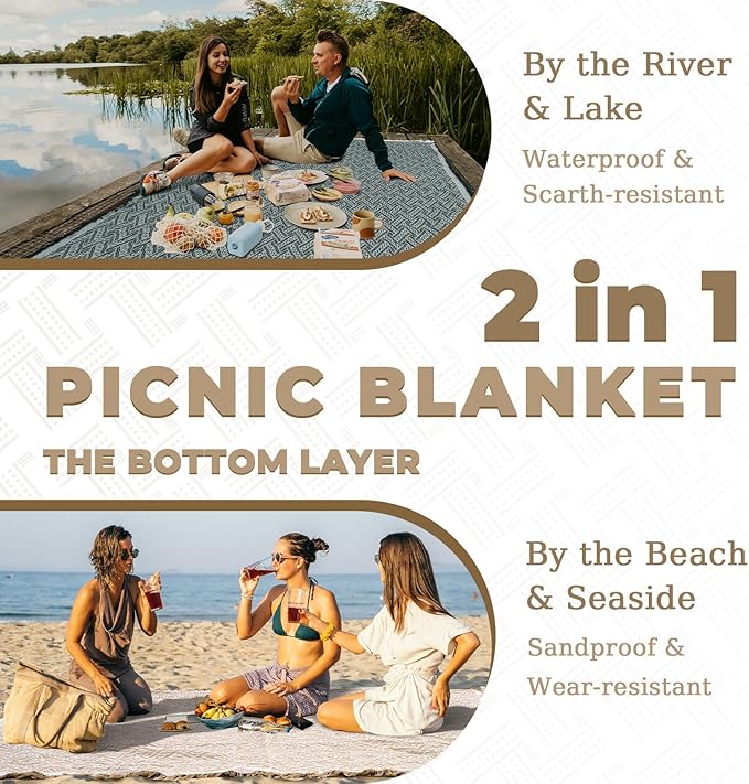 Genovega 2 in 1 Extra Large 80"* 80" Rug Picnic Waterproof Outdoor Beach Blanket Foldable Camping Mat Summer Camp Equipment Honeymoon Stuff Hawaii Essentials Hunting Accessories Car Set Women Gifts