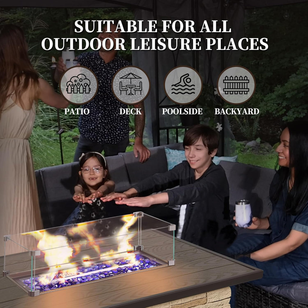 43¡± Propane Fire Pit Table Outdoor Rectangular Stone Firepit Table 50,000 Btu Propane Fire Tables for Outside Patio with Glass Wind Guard, Lid, Fire Glass Beads,Buff Rock Look
