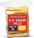 Canine Chews 8-9" Chicken Basted Rawhide Retriever Rolls - Pack of 25 Chicken-Flavored Long-Lasting Dog Rawhide Chews - Protein-Dense Jumbo Rawhide Bones For Large Dogs - Treats for Aggressive Chewers
