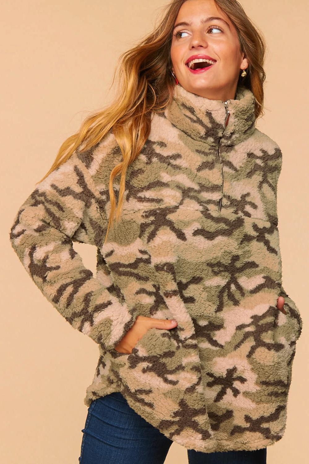 Plus Camo Sherpa Pocketed Sweater