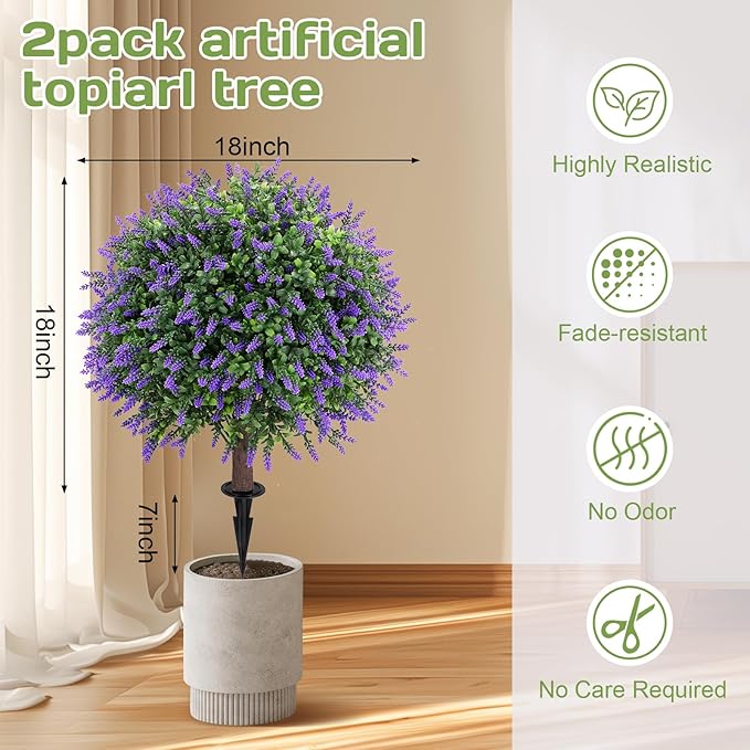 Artificial Lavender Topiary Ball Tree 25" with Ground Spike, Set of 2 Artificial Boxwood Bushes for Faux Shrubs, Fake Evergreen Faux Plant for Indoor Outdoor Porch Garden -UV Resistant–Fade-Proof