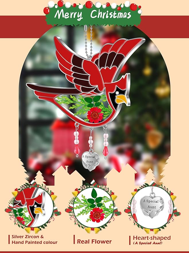 KY&BOSAM Cardinal Suncatcher A Special Aunt Had-Painted with Pressed Real Flower Wings Mother's Day Glass Hanging for Window Ornament with Metal Heart Charm Birthday Gift for Women Unique