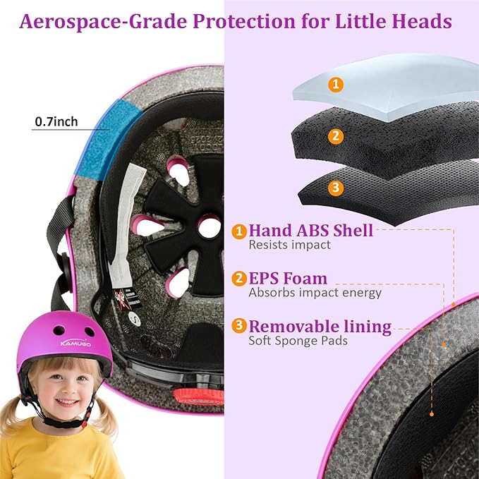 KAMUGO Kids Adjustable Helmet, with Sports Protective Gear Set Knee Elbow Wrist Pads for Toddler Age 2-8 Boys Girls, Bike Skateboard Hoverboard Scooter Rollerblading Helmet Set