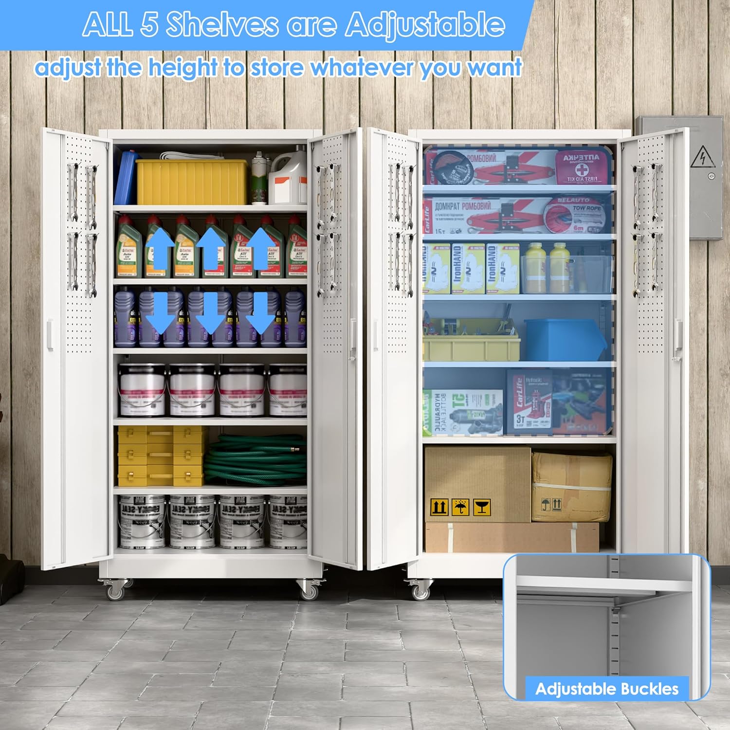 Metal Garage Storage Cabinet with Wheels & Pegboard, Lockable Metal Storage Cabinets with 2 Doors&5 Adjustable Shelves for Garage&Home,Assembly Required,White 71''H x32''W x16''D