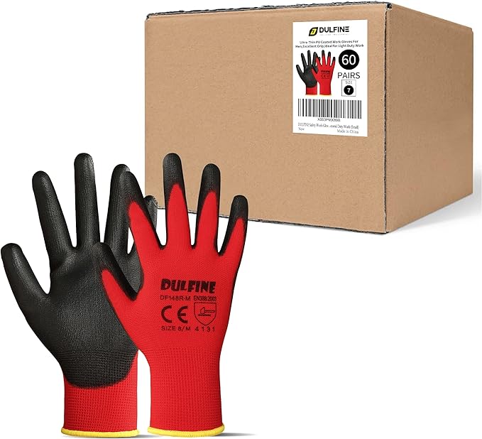 DULFINE Safety Work Gloves PU Coated-60 Pairs,Red Seamless Knit Glove with Polyurethane Coated Smooth Grip on Palm & Fingers, for Men and Women, Ideal for General Duty Work (Extra Large)