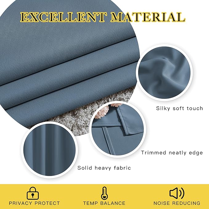 NICETOWN Insulated Curtains Room Darkening Draperies - Triple Weave Microfiber Home Thermal Insulated Solid Ring Top Blackout Curtains/Panels for Bedroom(Smoky Blue, Set of 2, 66 x 72 Inch)