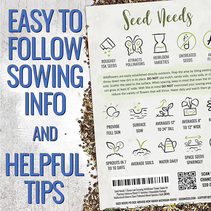 Seed Needs Low Growing Wildflower Flower Seeds for Planting | 2 Packs (1 Ounce Each) Mixture/Blend 17 Varieties | Resealable Package Multicolored Blooms Open Pollinated Mixed Species | Bulk