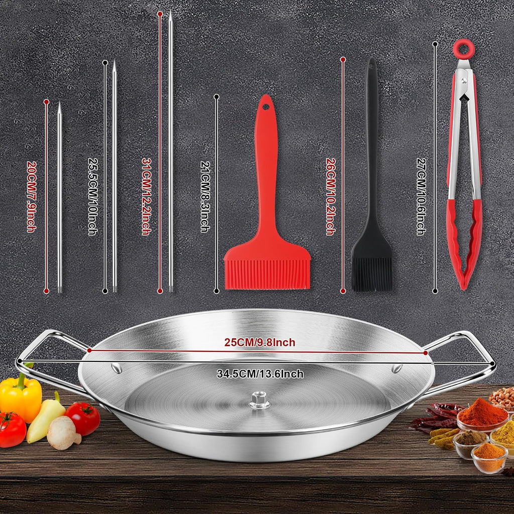 Stainless Steel Al Pastor Skewer & Gyro Pan for Grill – BBQ Vertical Skewer Pan Set with 3 Removable Spikes (8”/10”/12”), Brushes & Tongs, Brazilian Spit Stand for Tacos, Shawarma, Kebabs, Oven