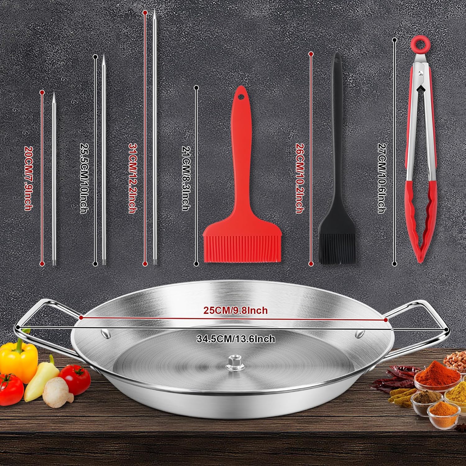 Stainless Steel Al Pastor Skewer & Gyro Pan for Grill – BBQ Vertical Skewer Pan Set with 3 Removable Spikes (8”/10”/12”), Brushes & Tongs, Brazilian Spit Stand for Tacos, Shawarma, Kebabs, Oven