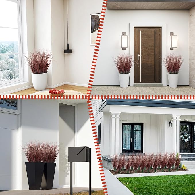 12Pcs Artificial Grass Plants, Faux Shrubs Wheat Grass, Artificial Tall Grasses Fake Plants for Outdoor Decor,Artificial Greenery Stems Weed for Room Indoor Home Decor（Red）