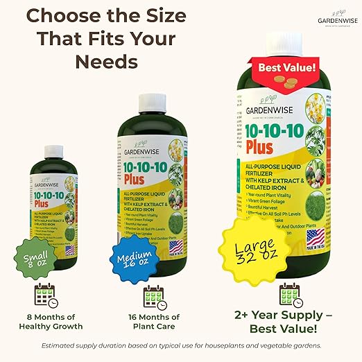 10-10-10 Fertilizer for All Purpose Plants - Liquid Fertilizer with Seaweed Kelp & Iron - Plant Food Outdoor & Indoor Plant Food, Vegetables, Flowers, Lawn & Garden 10 10 10 Fertilizer 32oz