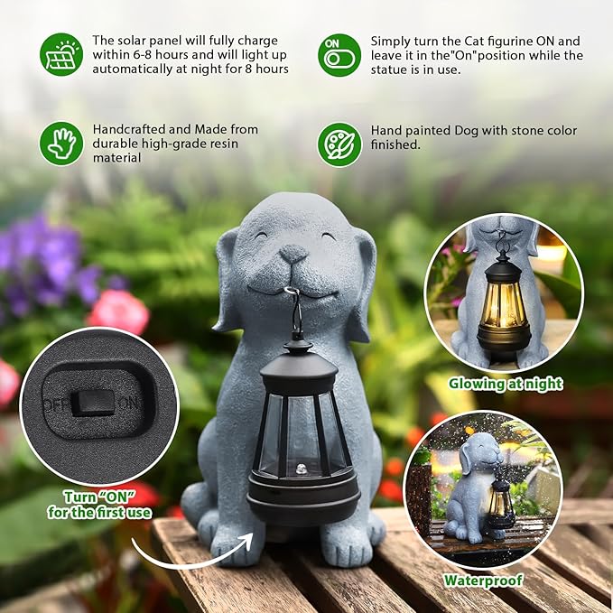 Solar Dog Statues for Garden Decorations Solar Garden Statues for Patio, Balcony, Yard Ornament Unique Housewarming Gifts Figurine Lights, Gray