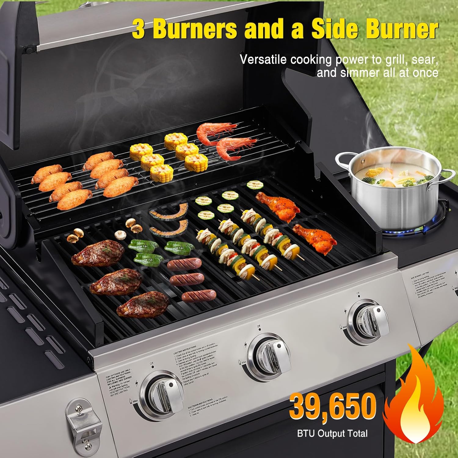 Unovivy 3-Burner Propane Gas Grill with Side Burner, Portable BBQ Grills with Oil Tray and Built-in Thermometer for Outdoor Barbecue, Camping, Patio, Backyard, 39,650 BTU