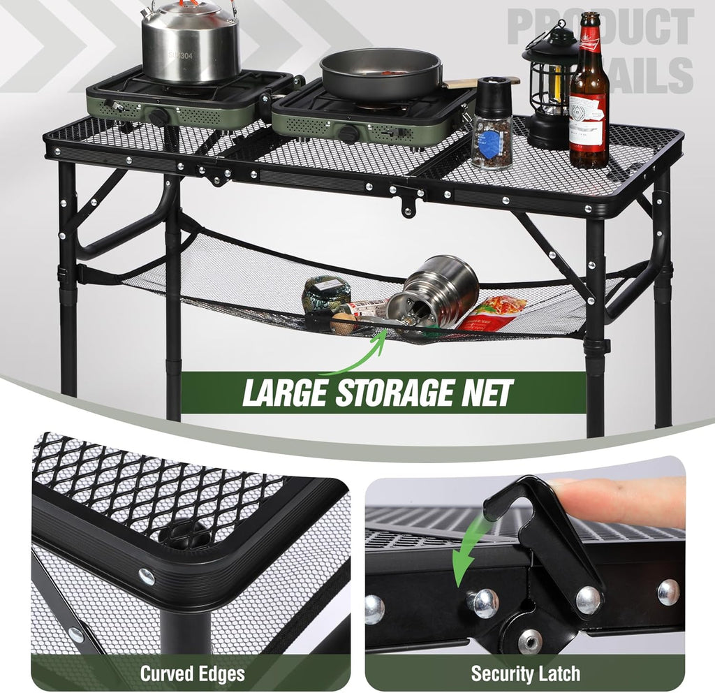 REDCAMP Small Triple fold Folding Grill Table for Outside, 3 Heights Adjustable Lightweight Portable Metal Aluminum Frame Outdoor Table for Camping Picnic Cooking BBQ, Black, 34x16 inches