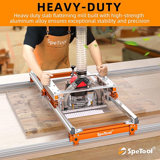 SpeTool Xpert Router Sled for Flattening Slabs with Continuous Height Adjustment & Dust Collection, Easy-to-install 3-Axis Aluminum Slab Flattening Jig, Spoilboard Slab Flattening Mill for Woodworking