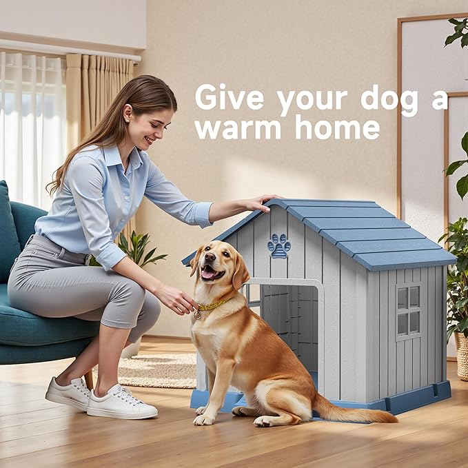 Vixzen 32in Large Outdoor Dog House,Durable Water Resistant Resin Dog House,Doghouse for Small to Large Dogs Indoor or Outside,with Air Vent and Elevated Floor,Blue