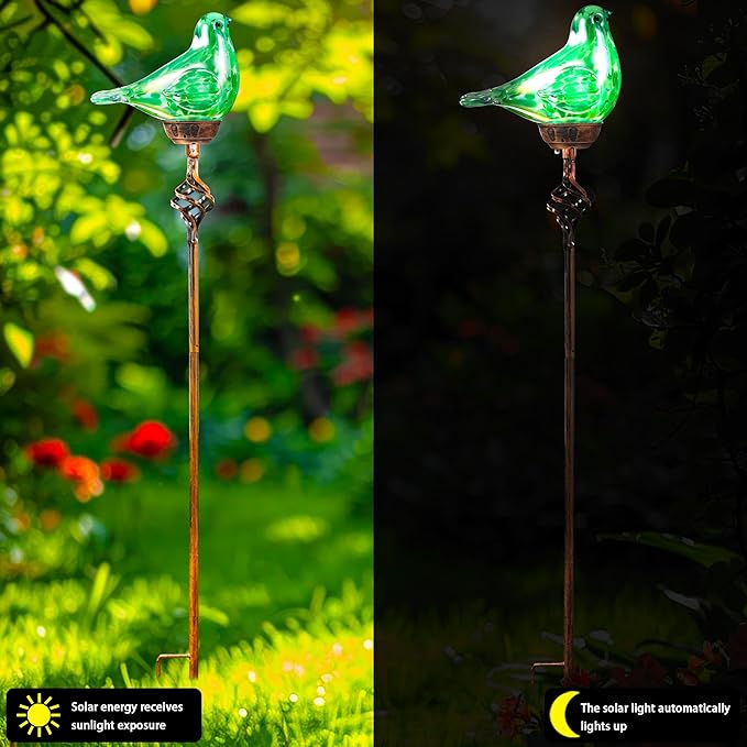 Decorative Solar Lights Outdoor Solar Bird Stake Lights Hand Blown Glass Decorative Garden Pathway Lights Outdoor Waterproof Glass Stakes (Green)
