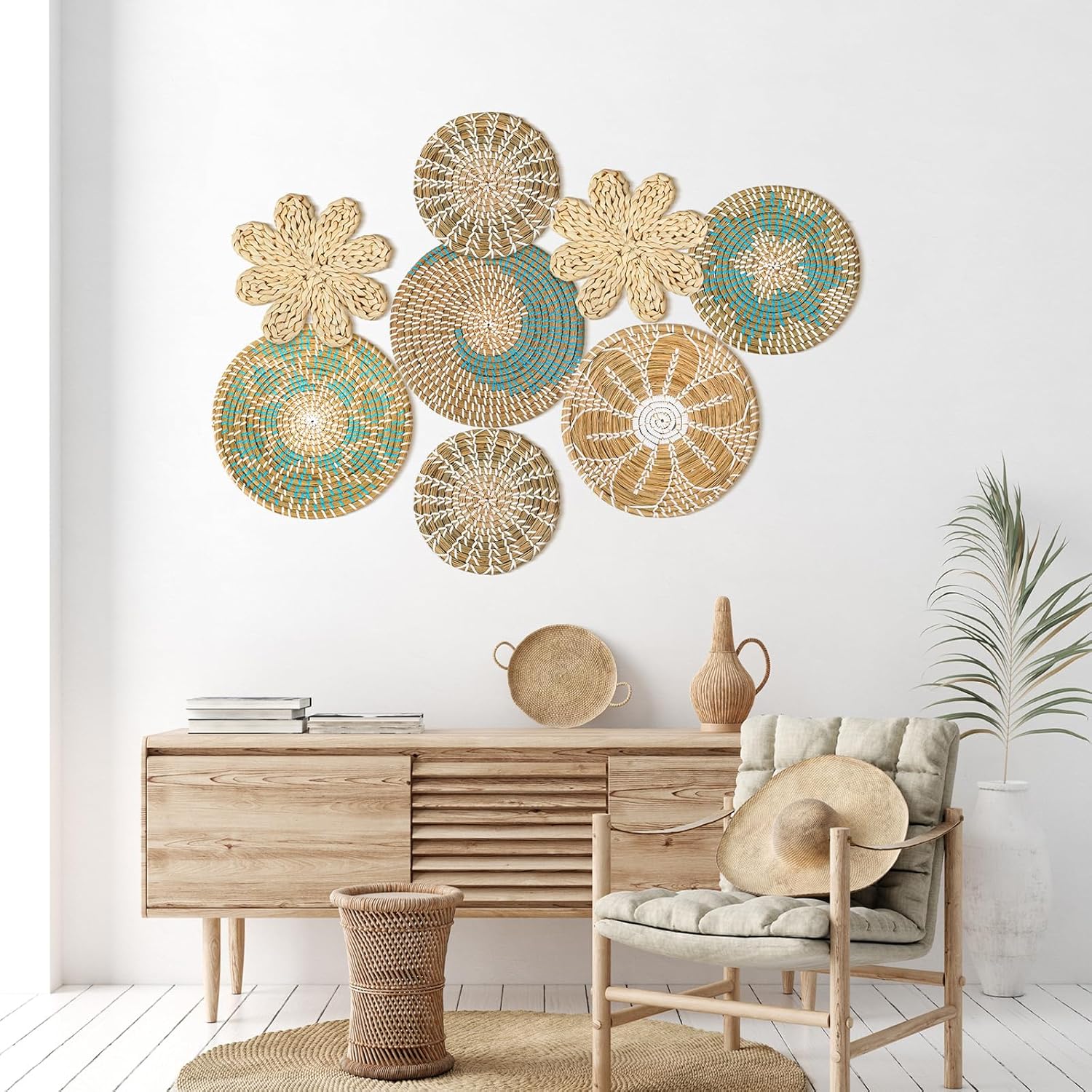 Xuhal Set of 8 Hanging Woven Wall Basket Handmade Decorative Rustic Boho Basket Decor Handcrafted Wicker Round Seagrass Wall Art for Home Kitchen Farmhouse Table Living Room