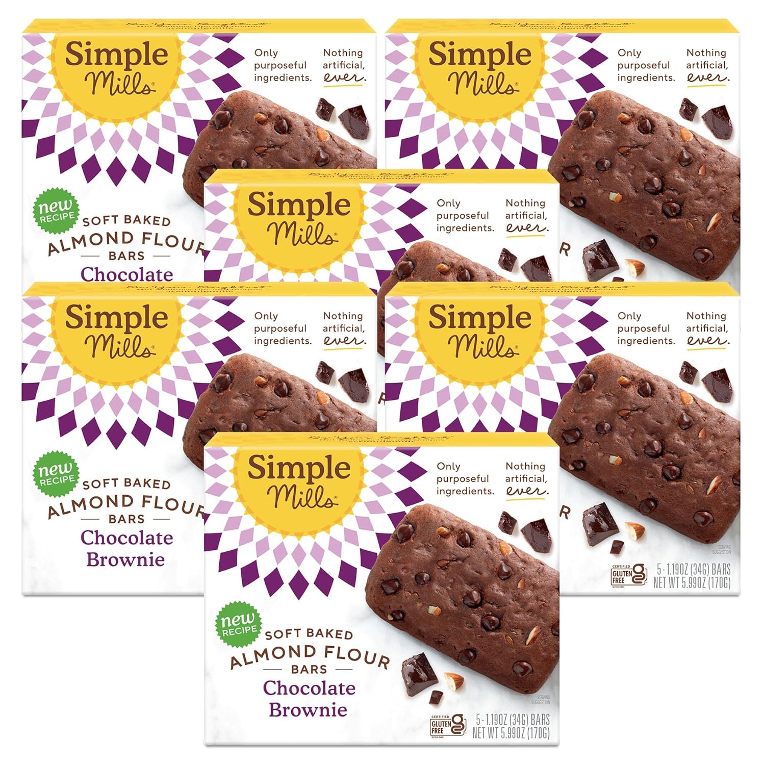 Simple Mills Soft Baked Almond Flour Brownie Bars, Chocolate Chip, 5.99 oz, Case of 6